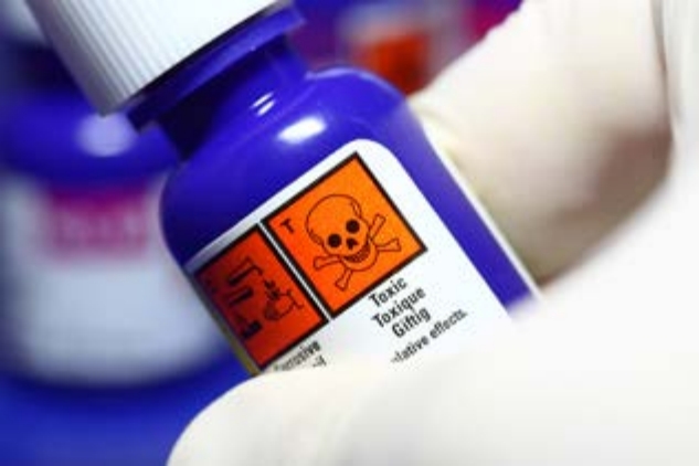 Pesticide Blue bottle with poison labeling