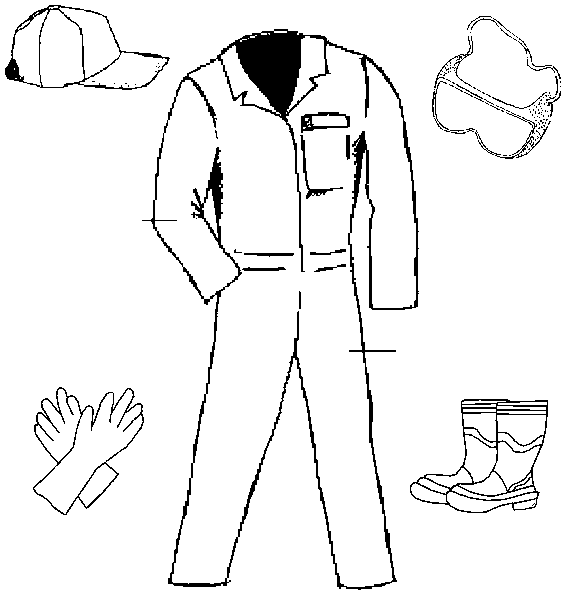 Protective clothing Goggles, cap, gloves, long pants, and water-resistant boots