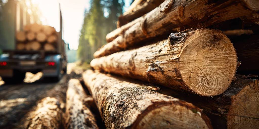 Stacked Lumber Stacked lumber with a transport truck in the background
