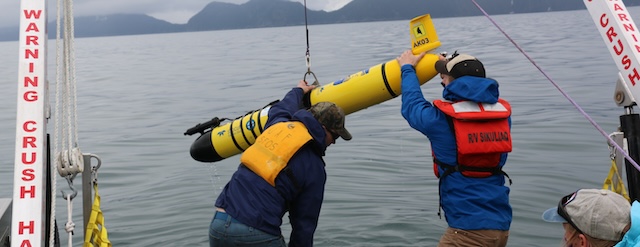 Two people work to deploy the glider from the research vessel nanuq