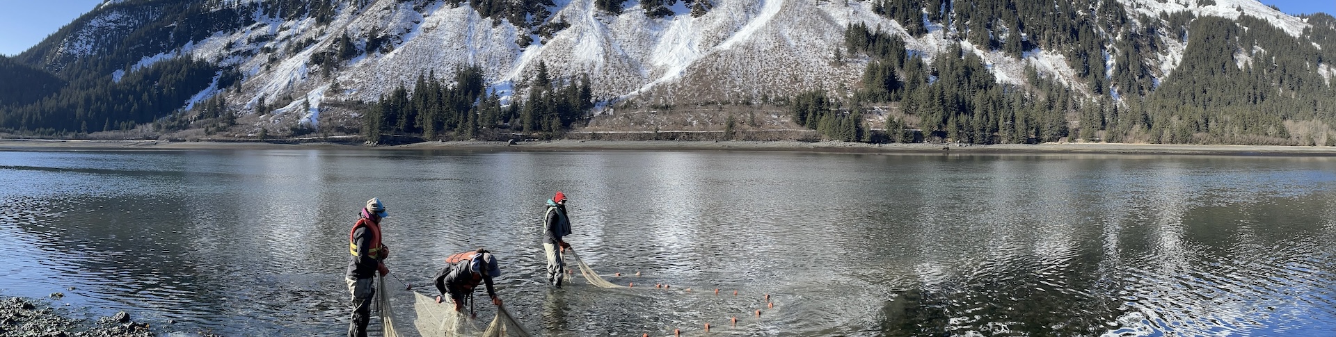 Students work on a beach with sein nets with snow covered mountains in the background