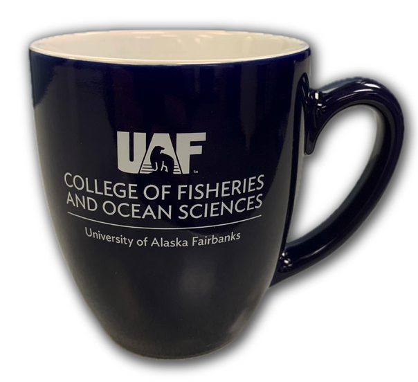 Dark blue ceramic coffee mug with CFOS logo in white