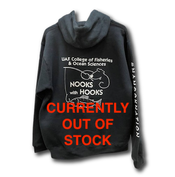Hooks with Nooks hoodie showing a fishing hook on dark gray hoodie