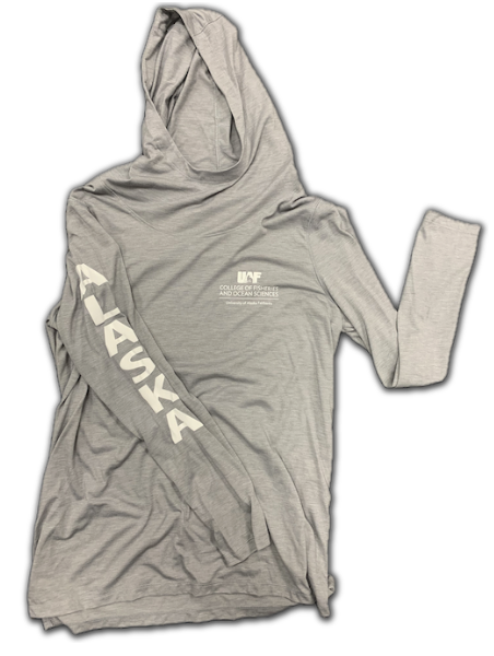 Light grey or light blue lightweight hoodie with "Alaska" down the sleeve and CFOS logo on front