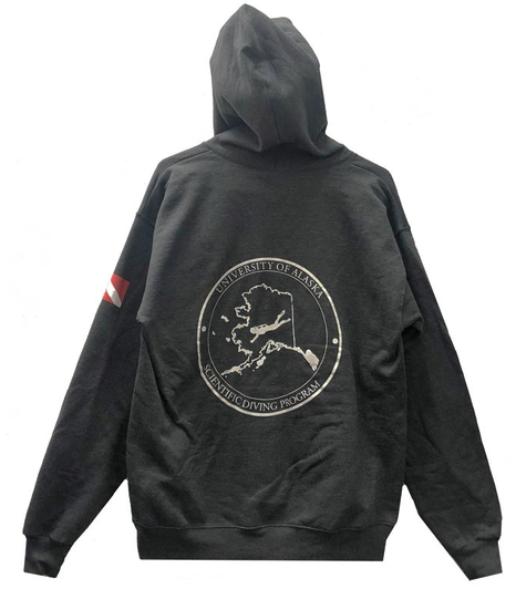 Dark grey hoodie with scientific diving logo on the back