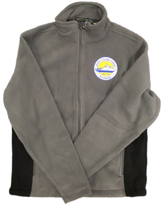 Gray fleece jacket with full zipper and blue stripes on sides. Sikuliaq patch on front of jacket.
