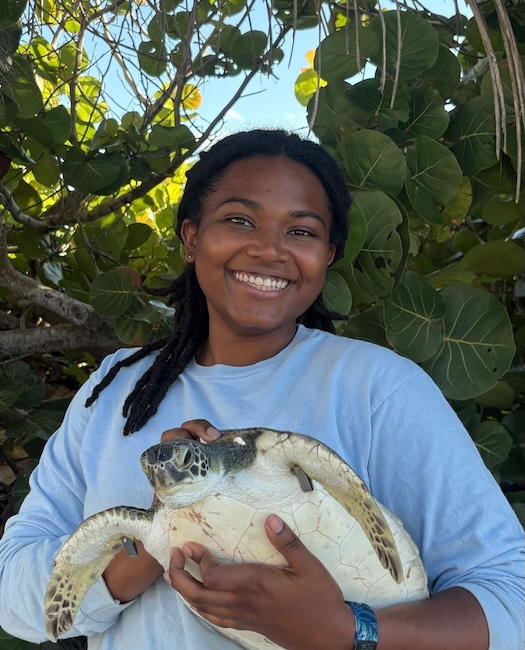 Joyce Sanks, outside holding a young sea tortoise