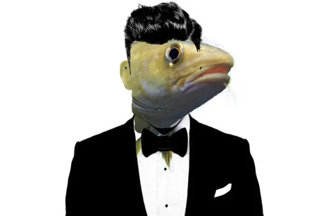 Image of a pollock head in a suitcoat and tie with a head of hair