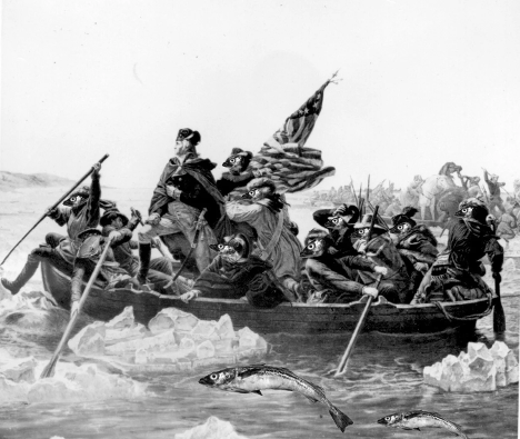 Photo of the painting with george washington in a boat with pollock fish in the water