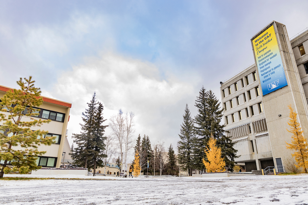 Centennial Plaza on a snowy day with Wickersham Hall and Gruening Building in the background.