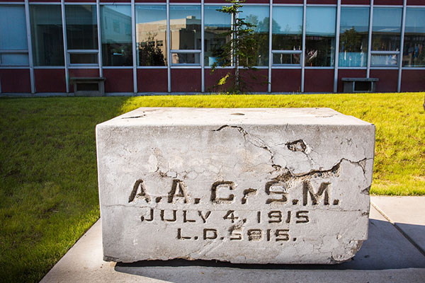 The AACSM concrete cornerstone placed on the UAF campus