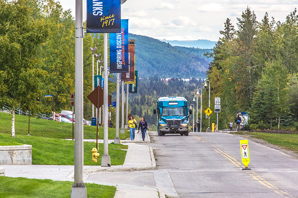 View of shuttle heading west on the upper UAF campus