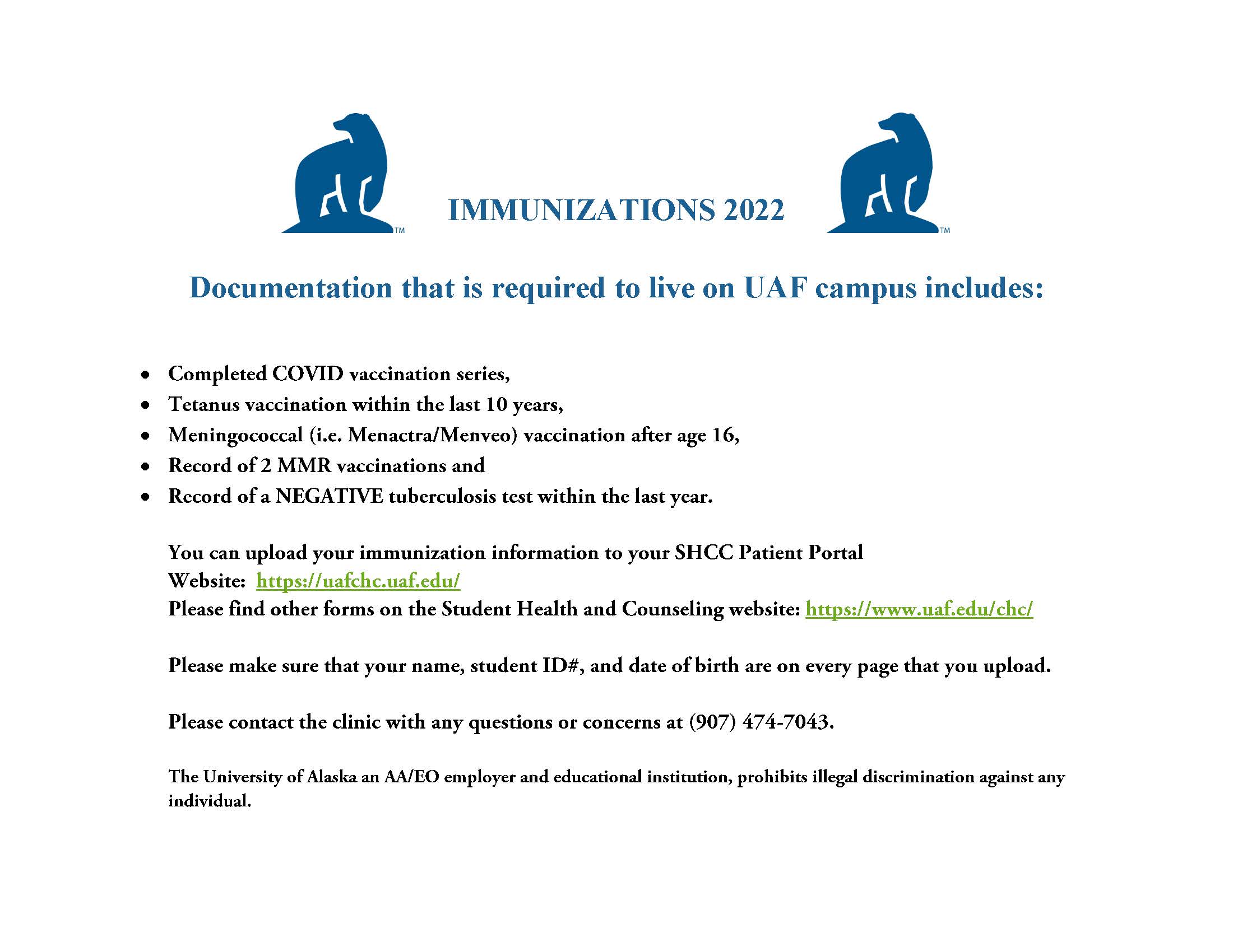 Immunization Requirements for Housing  spring 2022