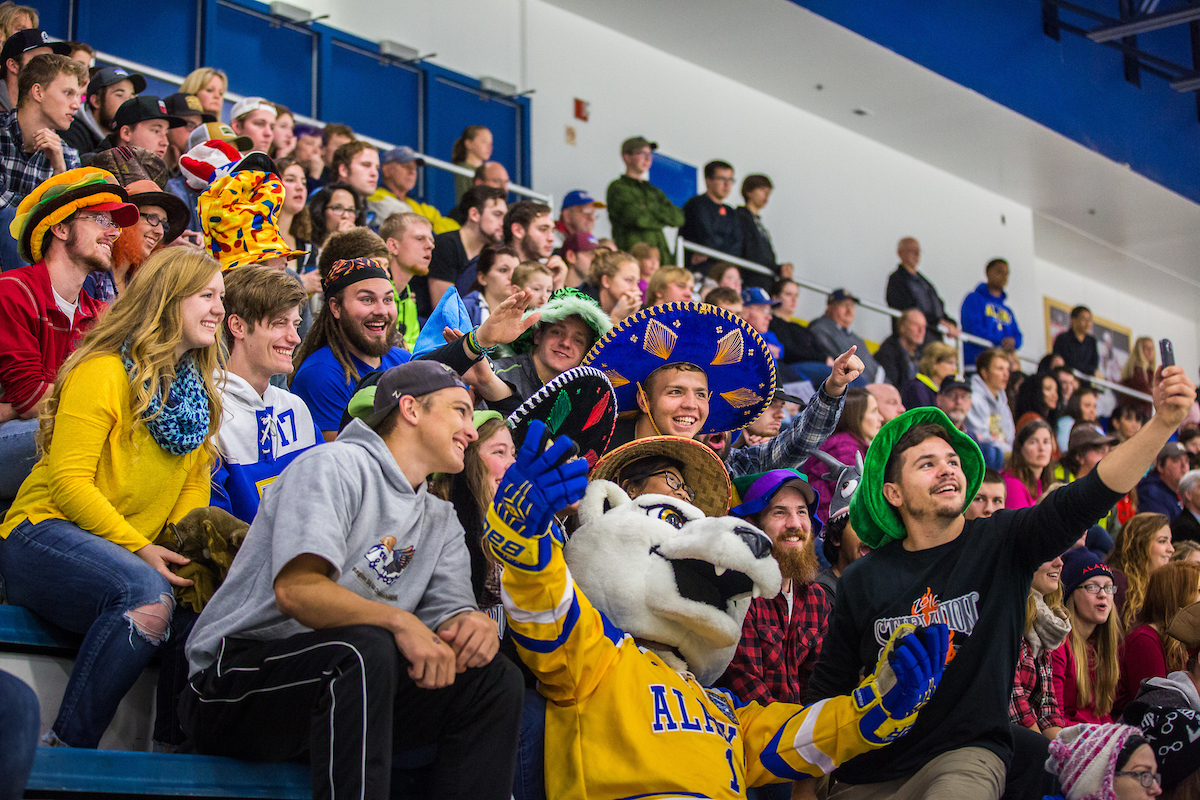 Students take a selfie during the 2016 Men’s Hockey Blue and Gold Game at the Patty Center Ice Arena on the Fairbanks campus. | UAF Photo by JR Ancheta