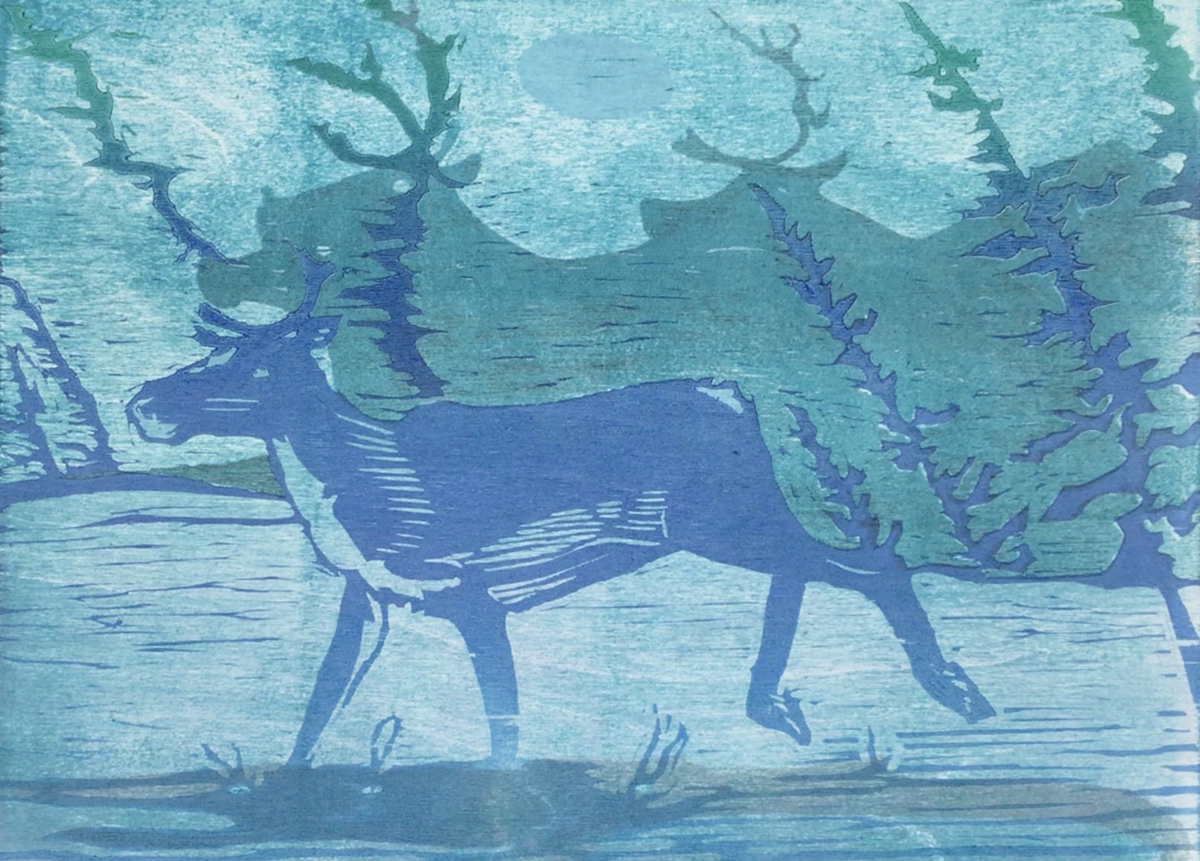 Advance of the Trees, mokulito and woodcut by Iris Sutton