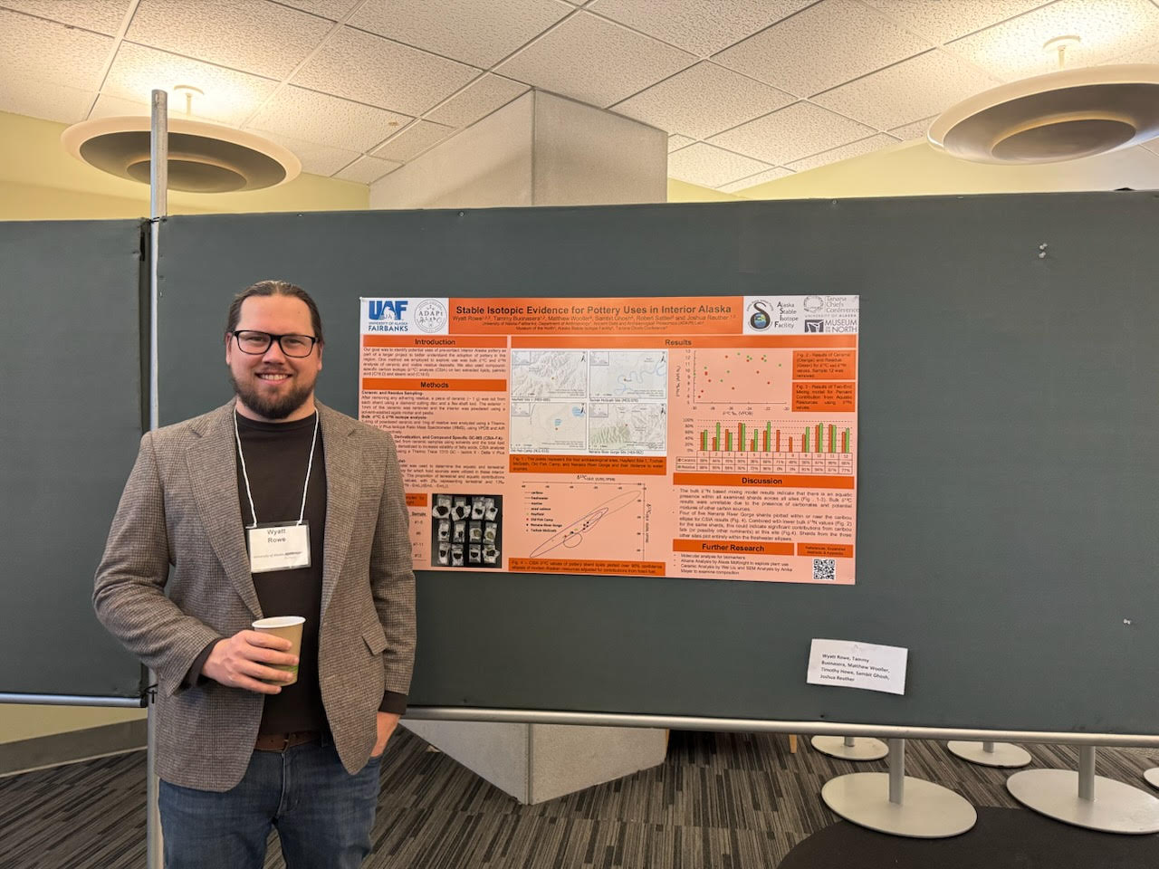 Wyatt Rowe presents his poster "Stable Isotopic Evidence for Pottery Uses in Interior Alaska" at the 2025 Alaska Anthropological Association annual conference. Photo courtesy of Justin Cramb.