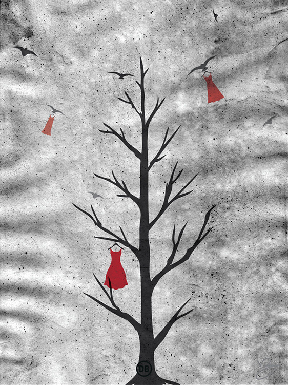 A black and white print of a single bare tree with a red dress hanging from one limb. Two birds carry two other red dresses off into the distance.