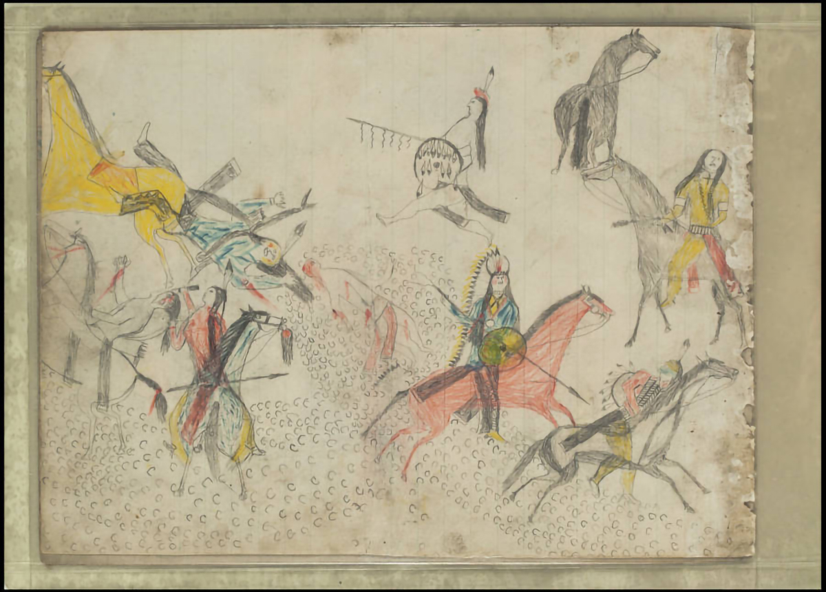 Ledger drawing of a battle scene.