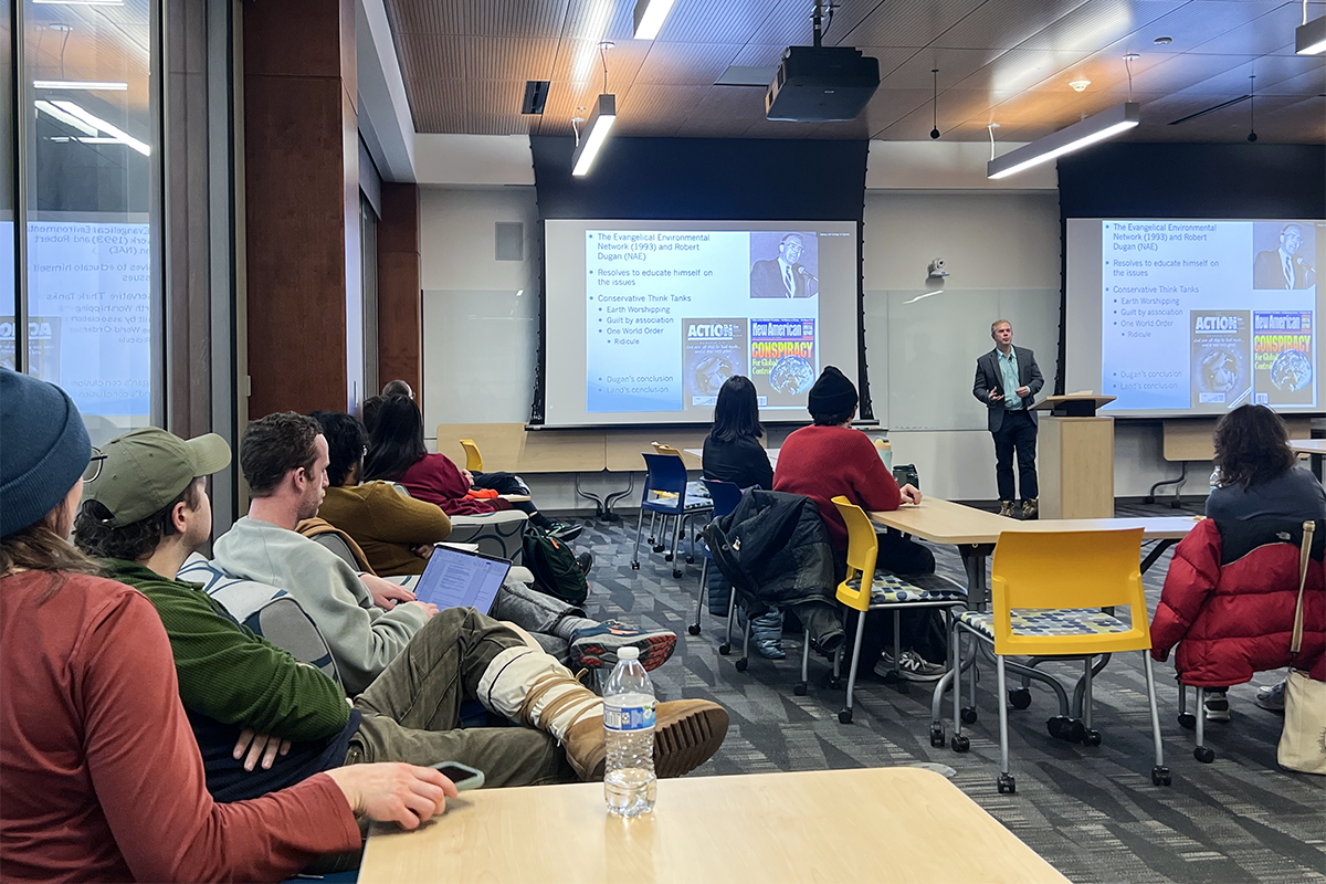 Neall Pogue leads a discussion on faith, politics, and environmental thought based on his book, The Nature of the Religious Right. UAF Photo by Sarah Manriquez