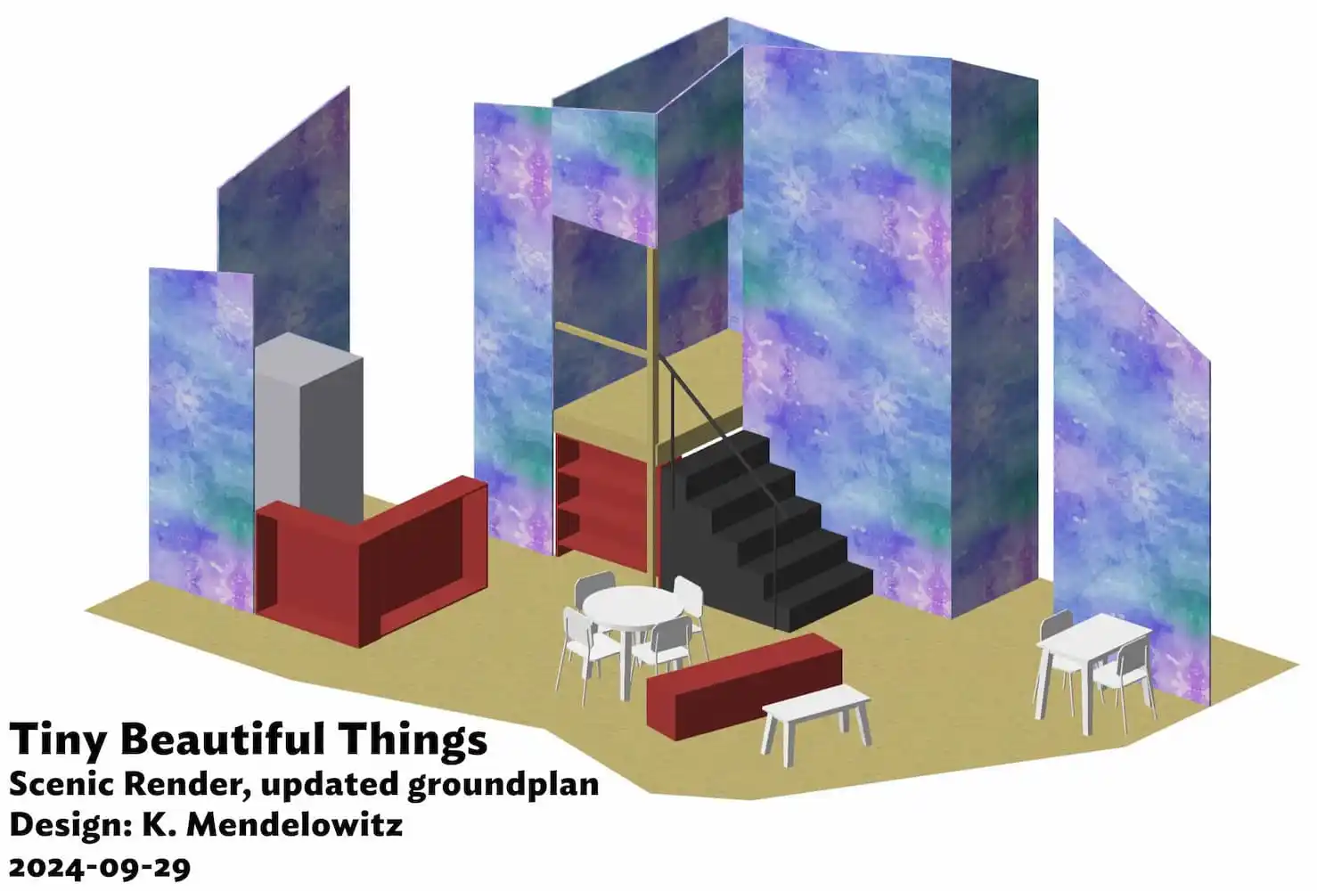 3D render of the set of Tiny Beautiful Things by Kade Mendelowitz