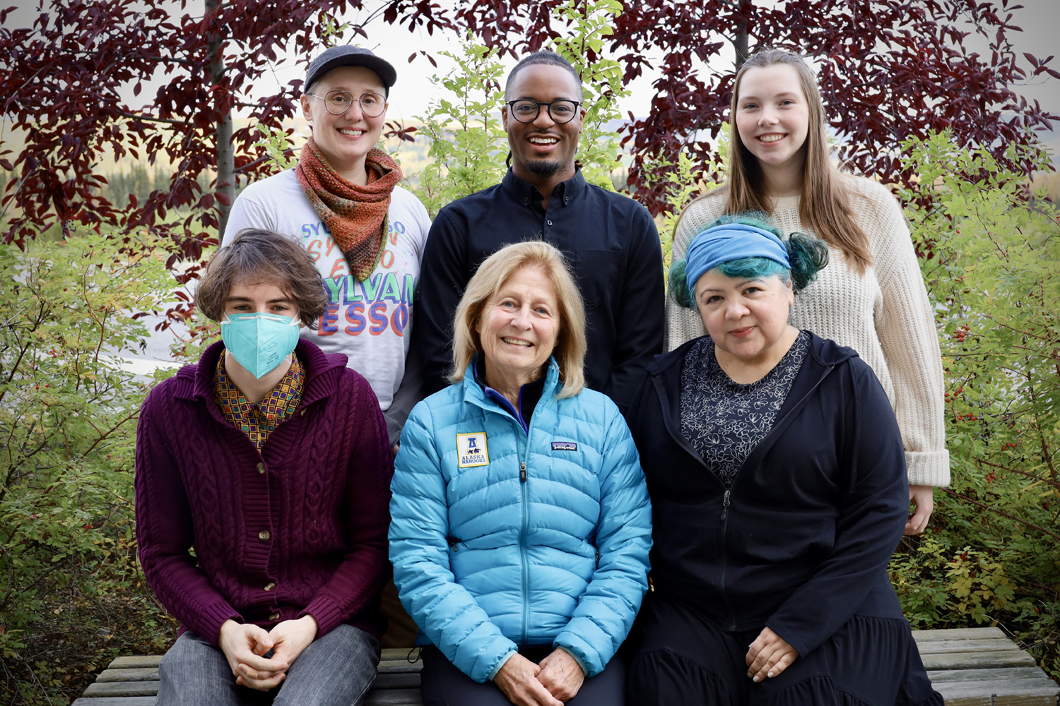 2023 Wood Talent Grant recipients and donor, from top left, clockwise: Amy Edler (Art), Edward Brown (Music), Hannah Greene (FLPA), Trysh Womack (FLPA),  Karen Parrish (donor), Seamus Knight (FLPA). UAF Photo by Jaunelle Celaire