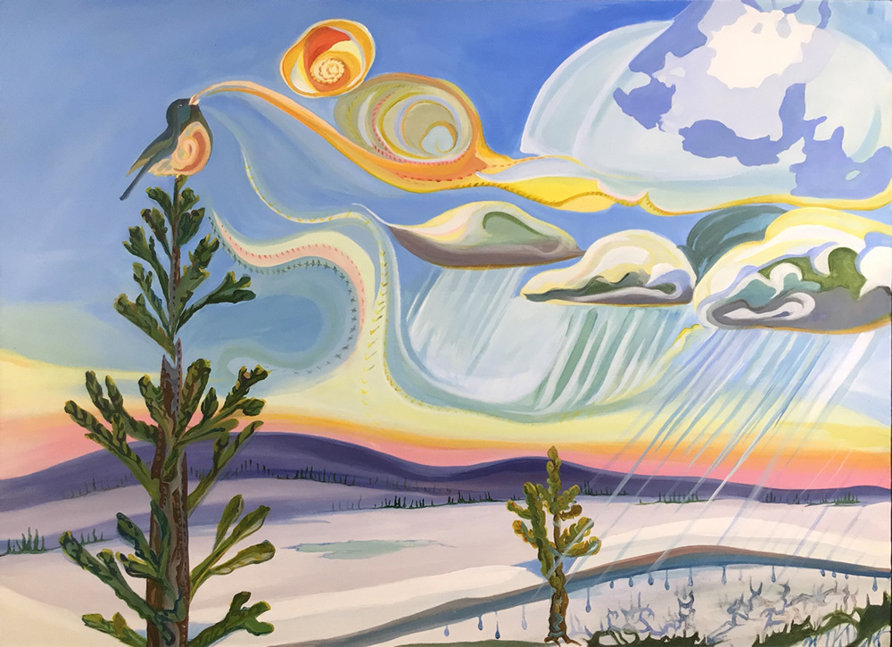 Colorful painting of a bird singing from a treetop by Iris Sutton