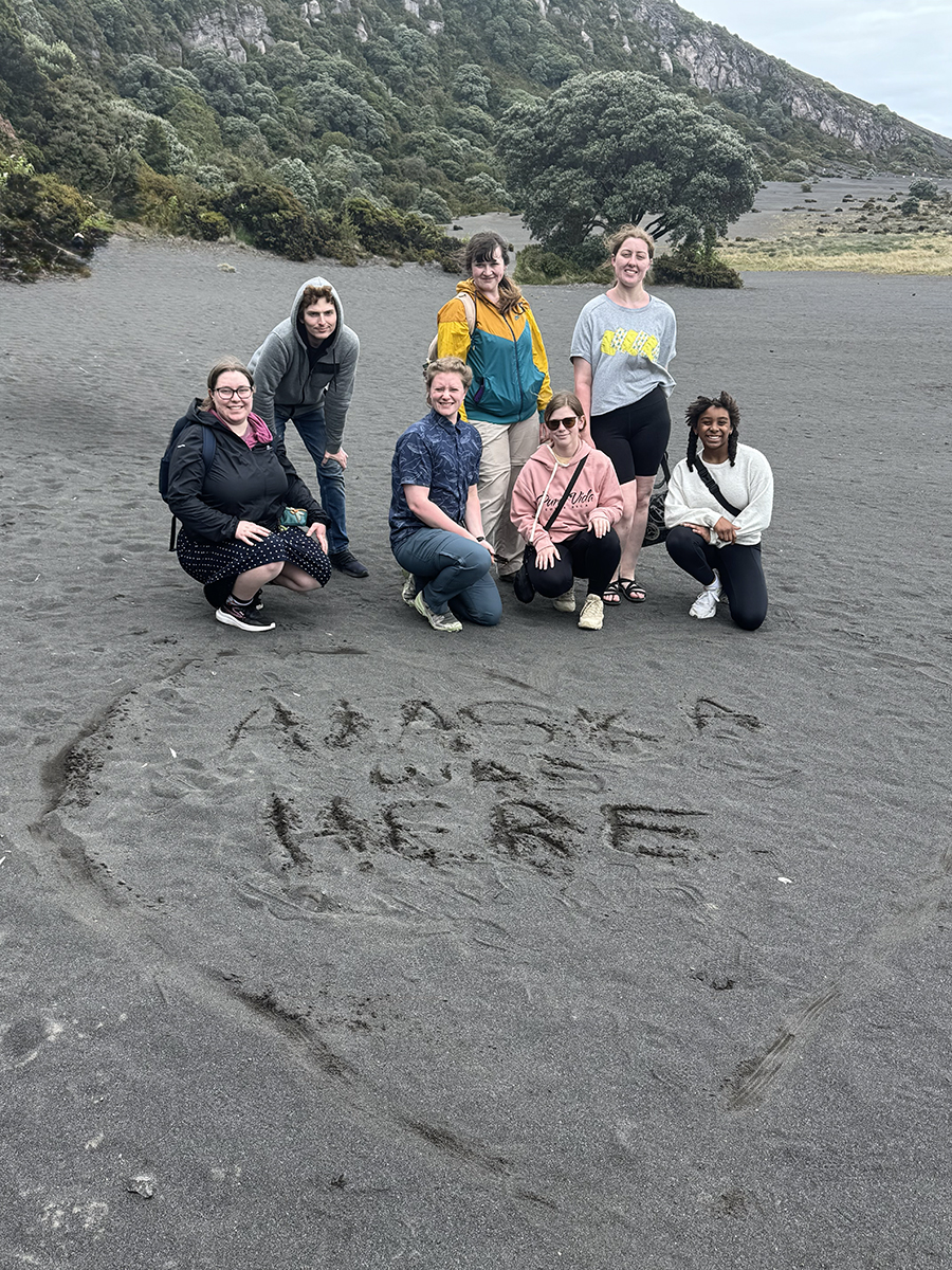 UAF Opera Workshop students explore Irazú Volcano, Costa Rica's highest volcano. "Alaska was here" is written in a heart in the sand.