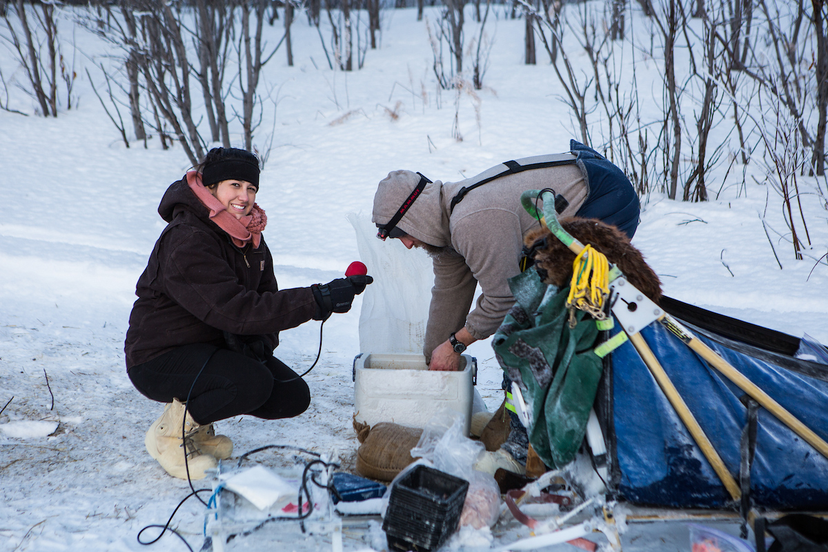 Arctic Leadership Lecture Series: Media in the Arctic Journalism student Monica Combs prepares for an interview at the mile 101 checkpoint of the 2014 Yukon Quest Sled Dog Race. UAF Photo by JR Ancheta