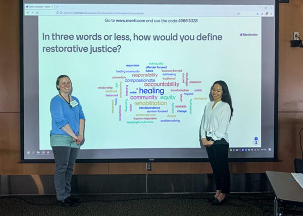 Ingrid Johnson and Rei Shimizu in front of a projected image of a word cloud with audience definitions of restorative justice. 