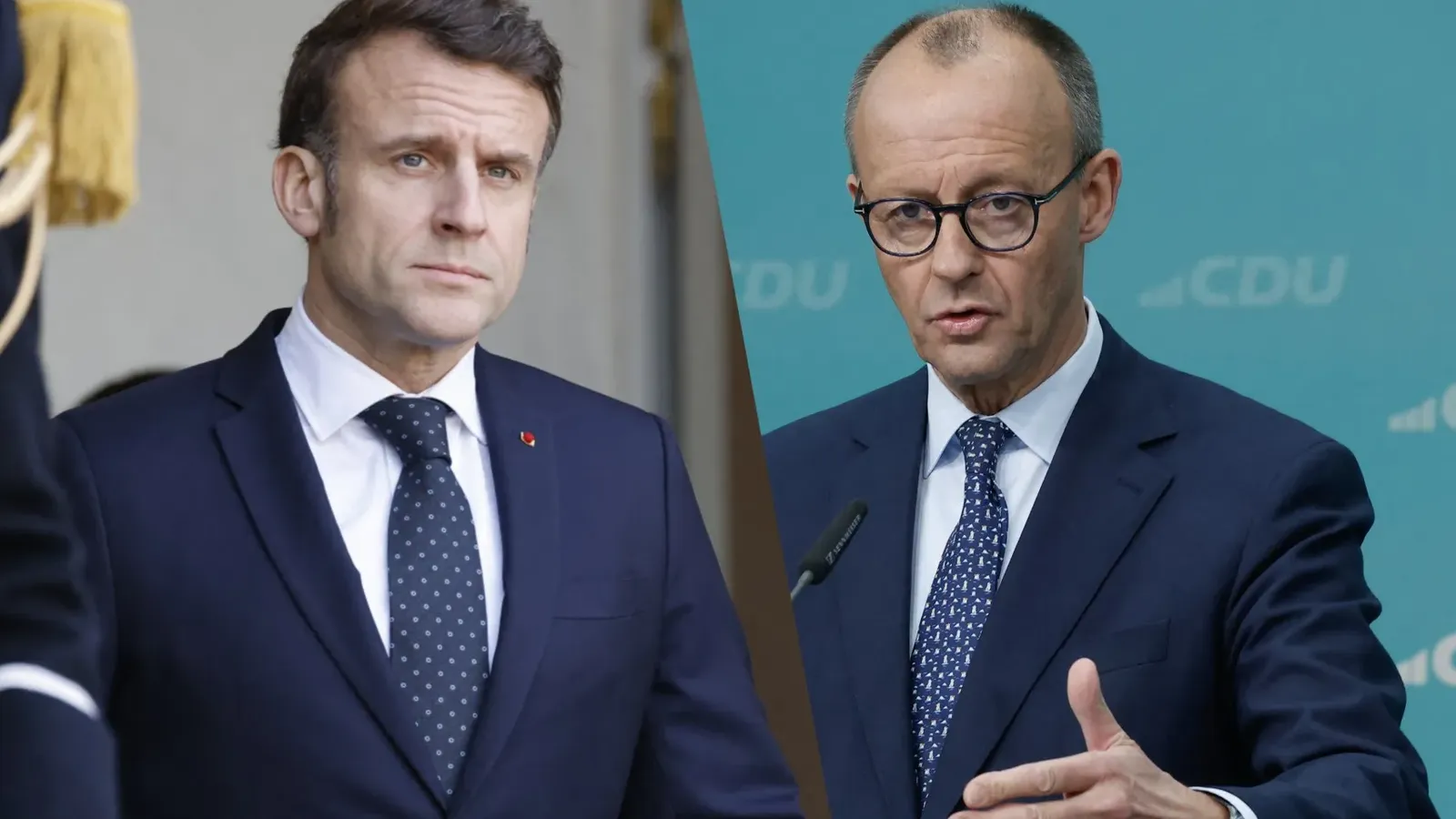 Emmanuel Macron and Friedrich Merz. Montage Photos by Odd Andersen & Ludovic Marin
