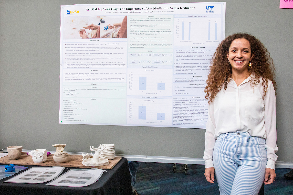 UAF student Shaylise Sylvester at the URSA Research and Creative Activity Day at the Wood Center, on April 6, 2023. UAF Photo by Marina Barbosa Santos