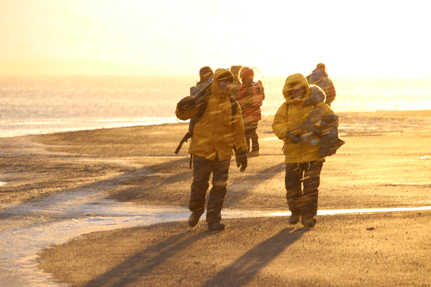 Artists and crew members on land during a snowy sunset. Photo courtesy of Daryl Farmer