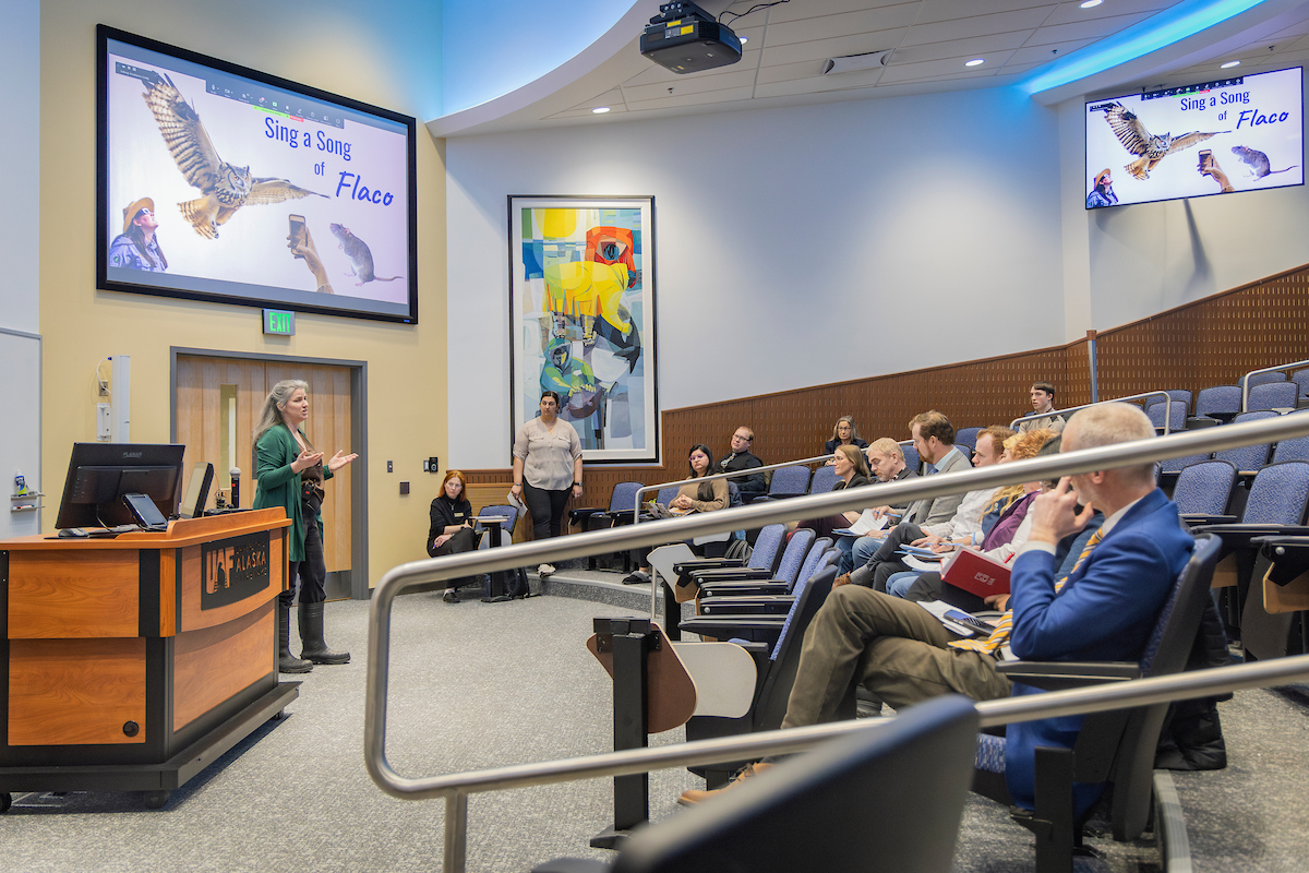 Fidelis Feeley presents "Sing a Song for Flaco & Other Love Sorries." UAF Photo by Leif Van Cise