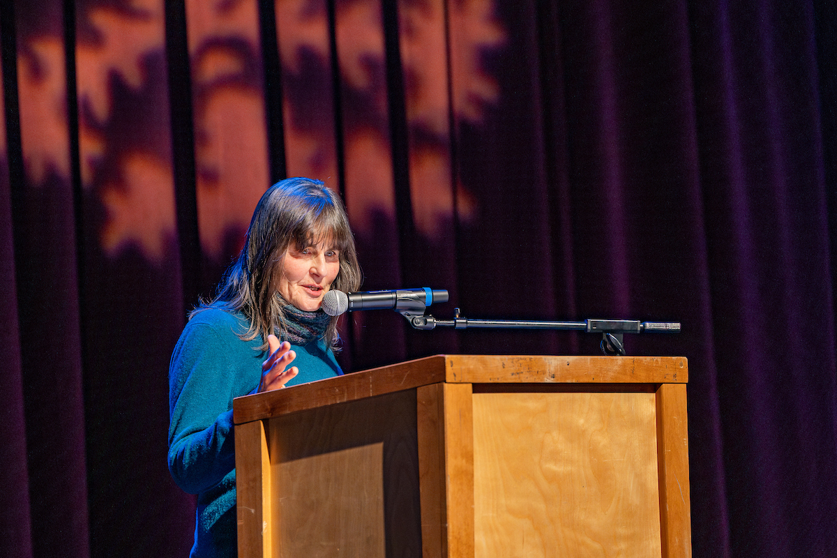Poet Susan Campbell reads at the Solstice Poetry Cycle in the Salisbury Theatre, Jan. 30, 2025