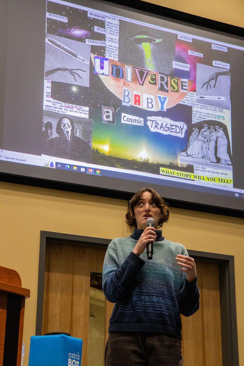 Graduate student Nora McIntyre presents her 3-Minute Thesis; Universe Baby, A Cosmic Tragedy on Friday, November 3, 2023 in the Schaible Auditorium. UAF Photo