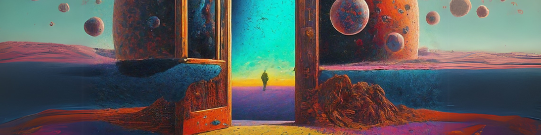 Abstract cosmic graphic of someone crossing through a doorway in space