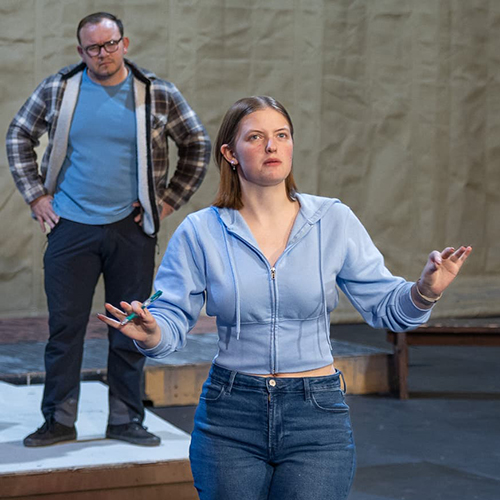 Emily Cooley and Matthew Herrera rehearse a scene from Historical Comical, October 2025. Photo credit: Kade Mendelowitz, Theatre UAF