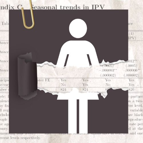 Graphic of the figure of a woman with a tear in the paper in the abdomen area. A faded paper with intimate partner violence statistics is in the background