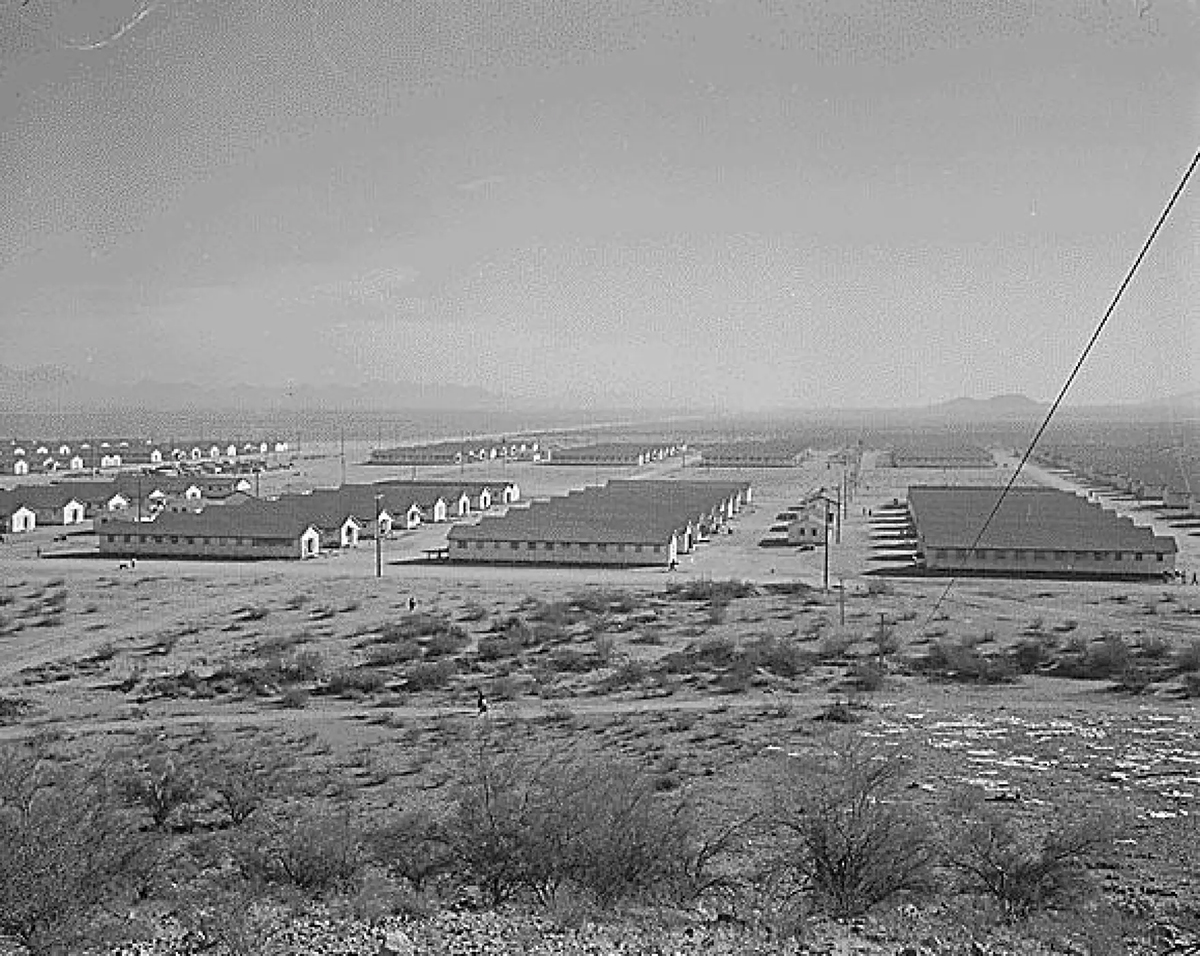 View of the northwest section of Camp Two, Nov. 27, 1942, Gila River concentration camp, Arizona. Francis Stewart/National Archives and Records Administration, Ctrl. #: NWDNS-210-G-D692, NARA ARC #: 538649, WRA