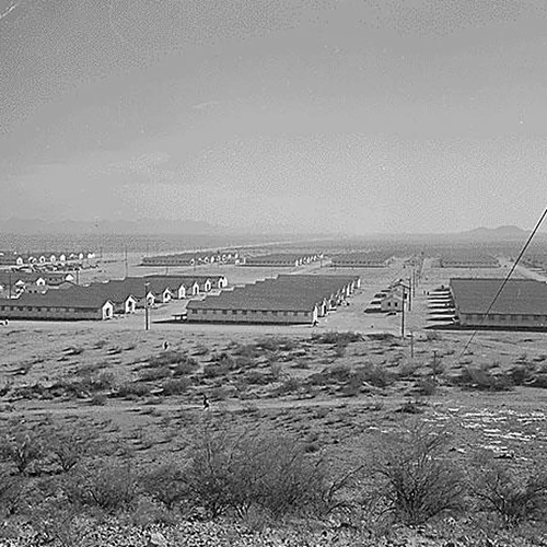 View of the northwest section of Camp Two, Nov. 27, 1942, Gila River concentration camp, Arizona. Photo credit: Francis Stewart/National Archives and Records Administration, Ctrl. #: NWDNS-210-G-D692, NARA ARC #: 538649, WRA