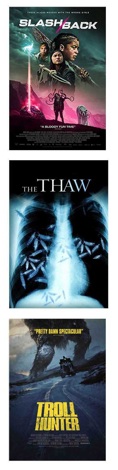 film covers, top to bottom: Slash/Back, The Thaw, Trollhunter