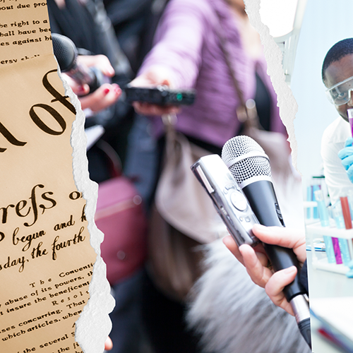 Triptych image of the Bill of Rights, journalists extending microphones to speakers, and a scientist. Images from Canva