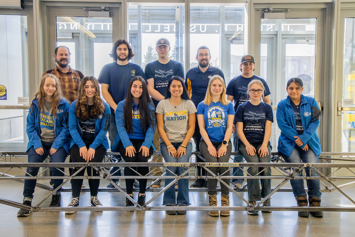 2024 UAF's CEM Steel Bridge Team poses for photos with their designed and fabricated bridge on Wednesday May 1, 2024 at the Usibelli Building. UAF Photo by Marina Barbosa Santos.