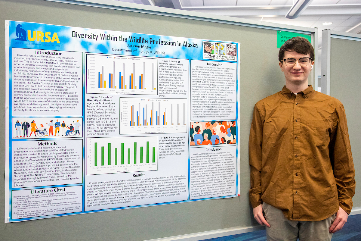 UAF student Jackson Magie at the URSA Research and Creative Activity Day at the Wood Center, on April 6, 2023.