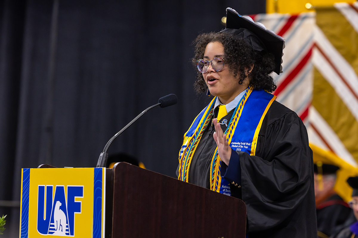 Paradise Porter delivers the student commencement address during UAF's 2026 Commencement Ceremony.