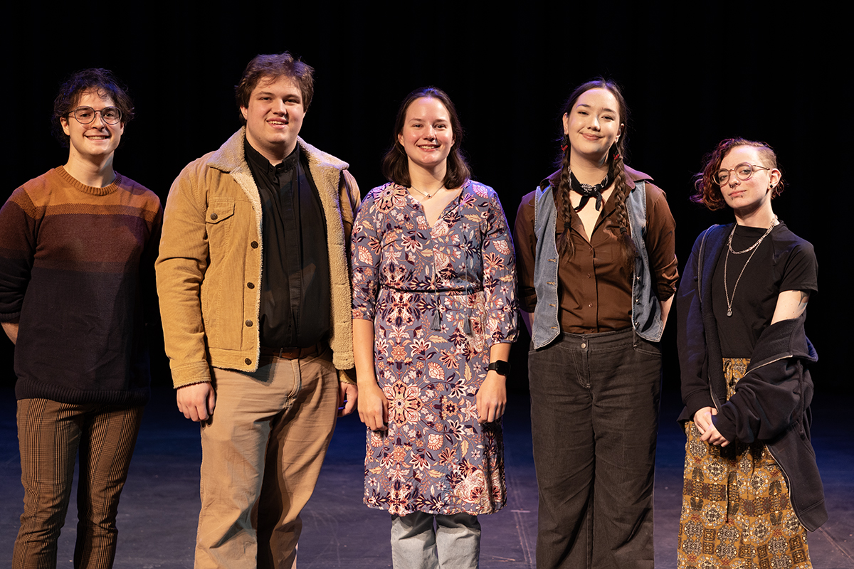 Seamus Knight, far left, directed Sarah Ruhl's Late, a Cowboy Song during the Student Drama Association's 2025 production of Winter Shorts. Next to him are Graham Granger ("Crick"), Deyanira Van Acker ("Mary"), Arianna Hammond ("Red"), Fritz Lutrell (Stage Manager)
