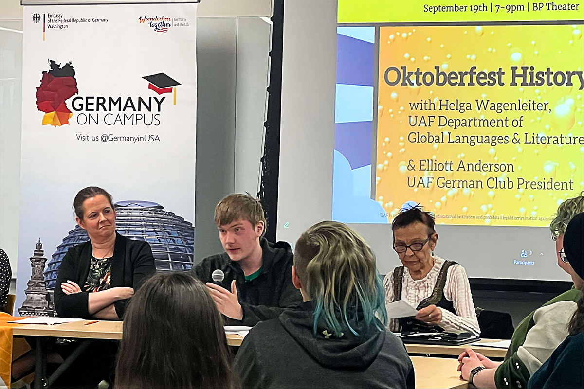 Oktoberfest panel 2024. Left to right: Sarah McConnell, Elliot Anderson, Helga Wagenleiter