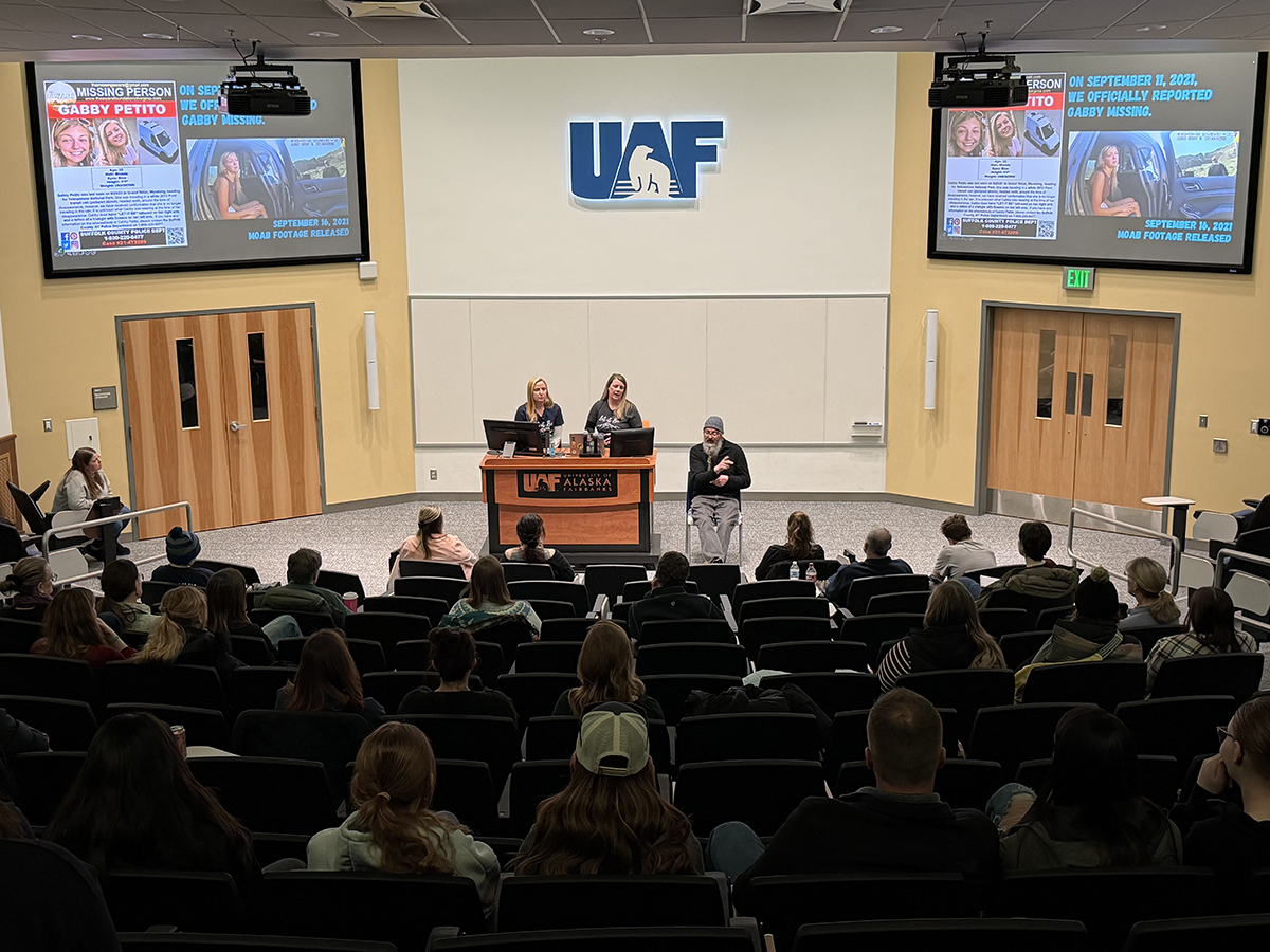 Tara Petito (left) and Nichole Schmidt (right) speak on the warning signs of domestic violence in the UAF Schaible Auditorium on March 2, 2026. UAF Photo by Sarah Manriquez