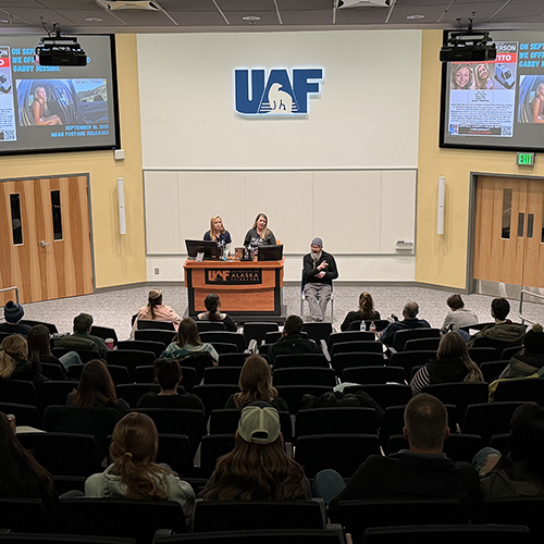 Nichole Schmidt (right) and Tara Petito (left) speak at the University of Alaska Fairbanks about recognizing the warning signs of domestic violence. After Gabby Petito’s death in 2021, they founded the Gabby Petito Foundation to raise awareness, support victims and help prevent intimate partner violence.