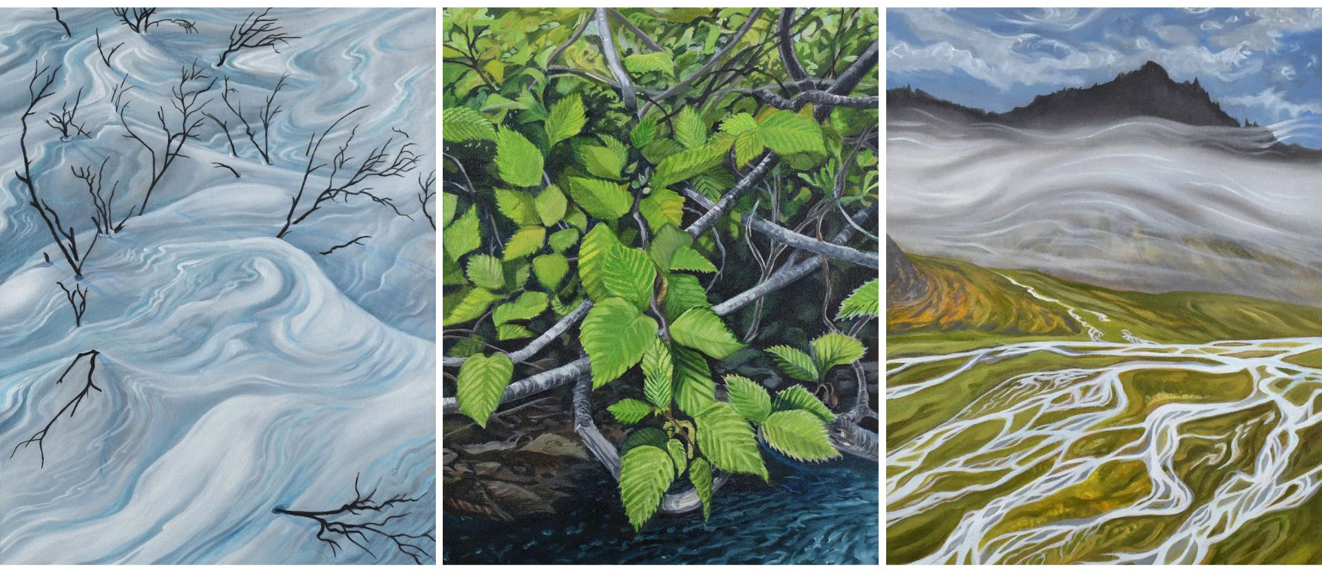 A collage of three landscape paintings by contributing artist Klara Maisch